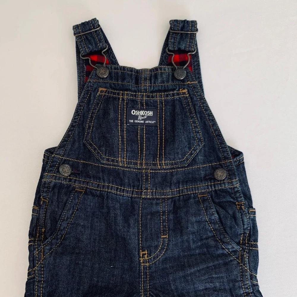 OshKosh Bgosh Denim Carpenter Overalls Baby‎ 3M Dark Wash Flannel Lined Plaid